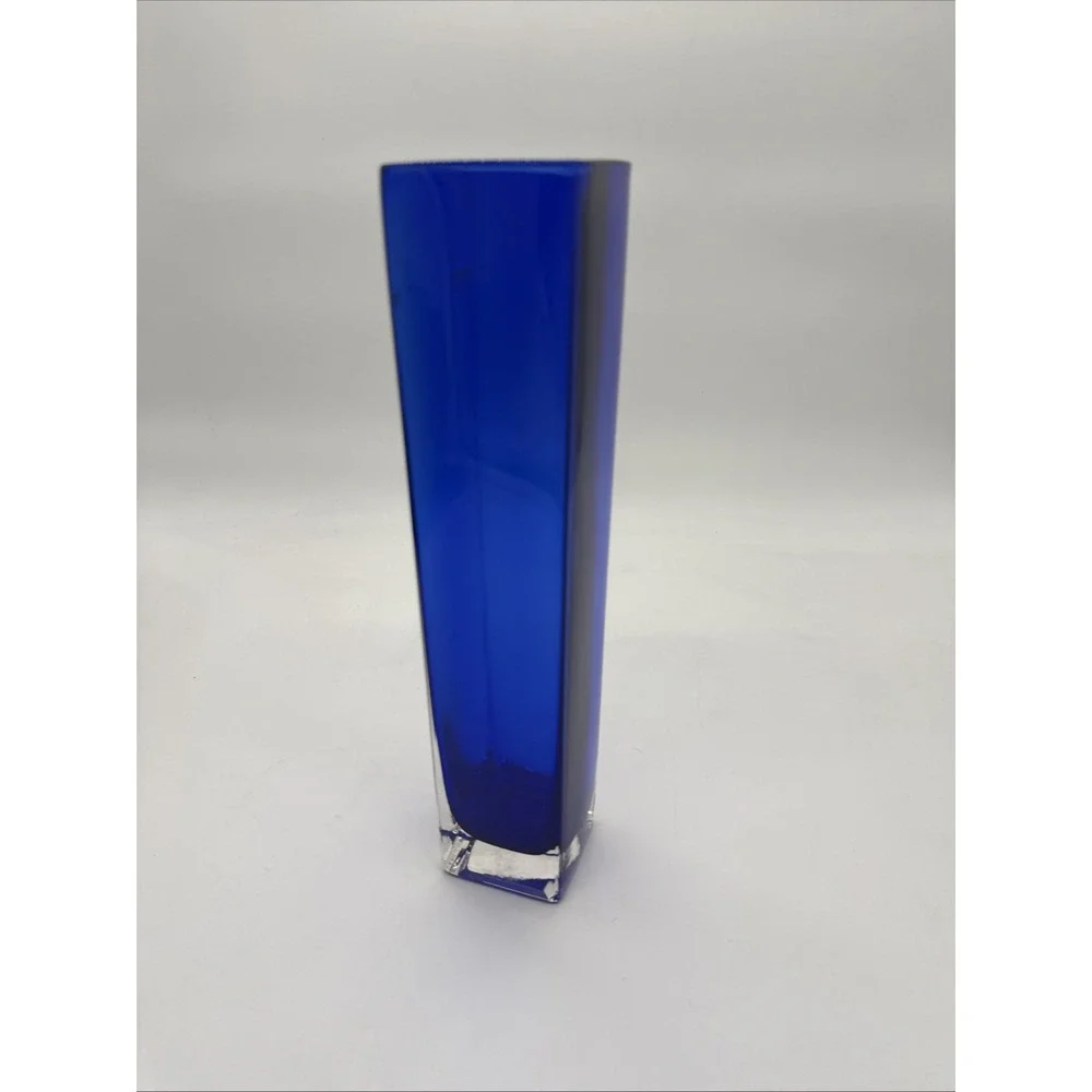 VTG Mid Century Modern MCM COBALT BLUE Rectangular VASE Clear Square Base 10